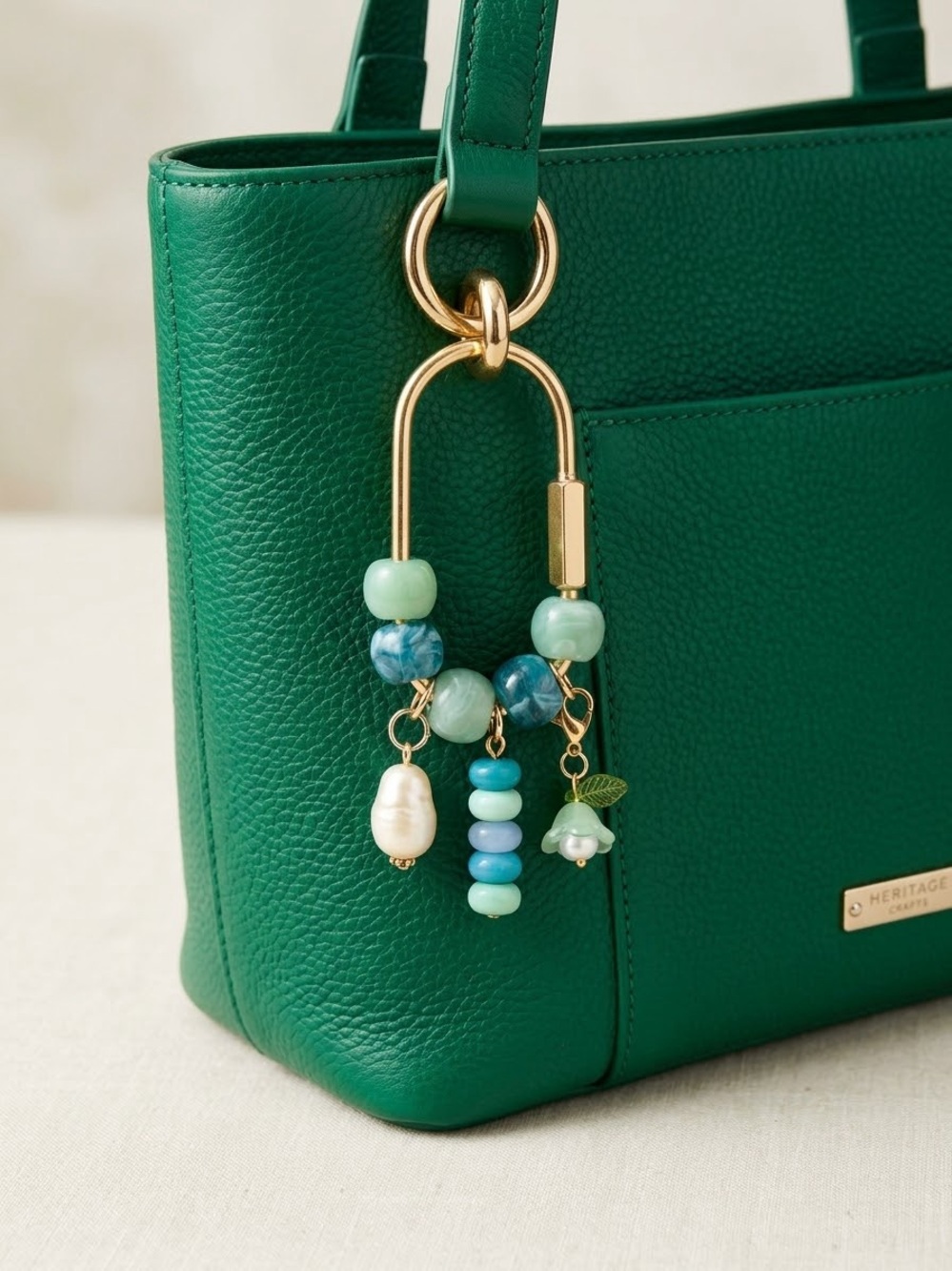 Carabiner Gold Tone Aqua/Teal Beaded Bag Charm Keychain with Faux Pearl & Flower